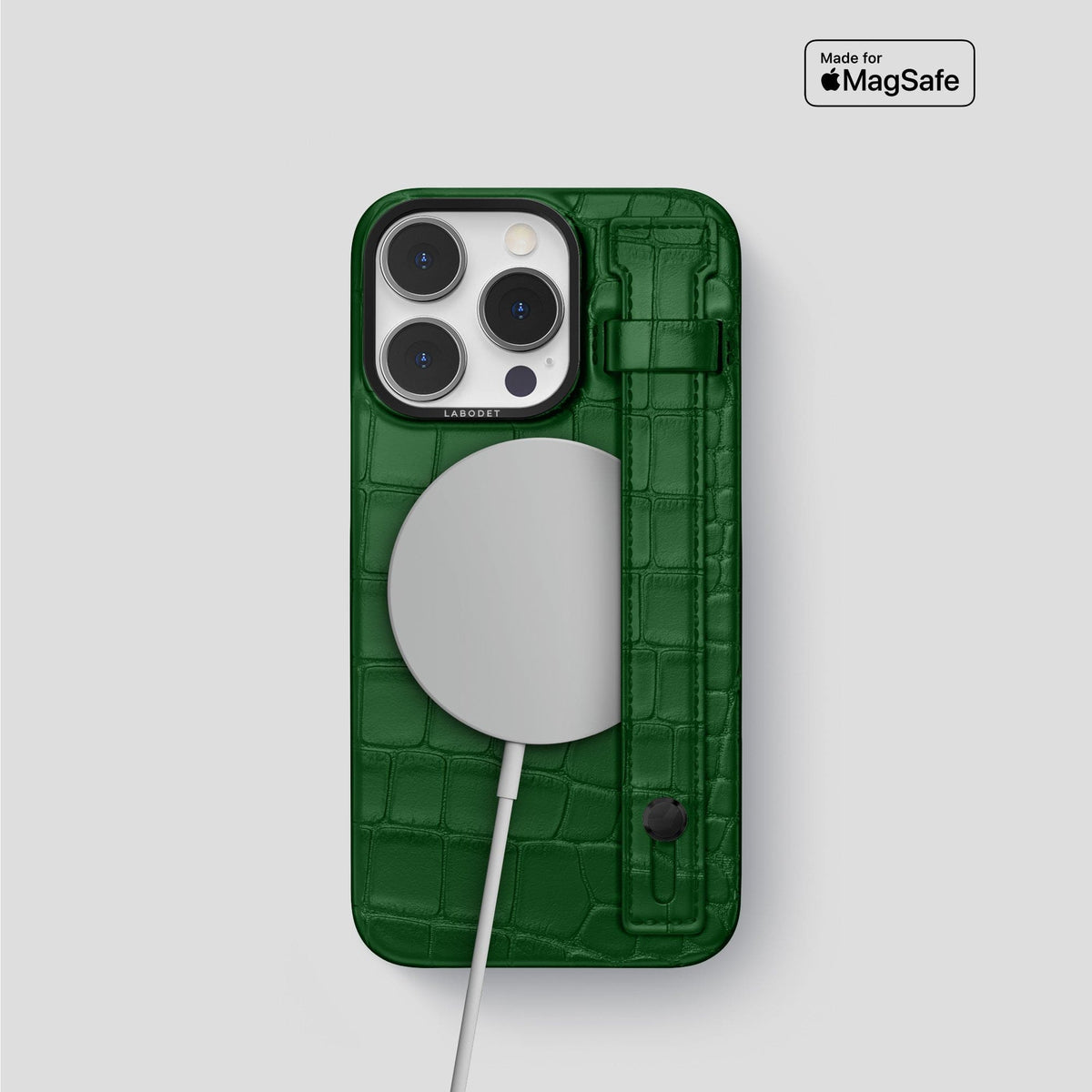 Forest-Green iPhone 14 Pro Hand Strap Case Alligator with Black Metal -4 | Forest-Green-Black