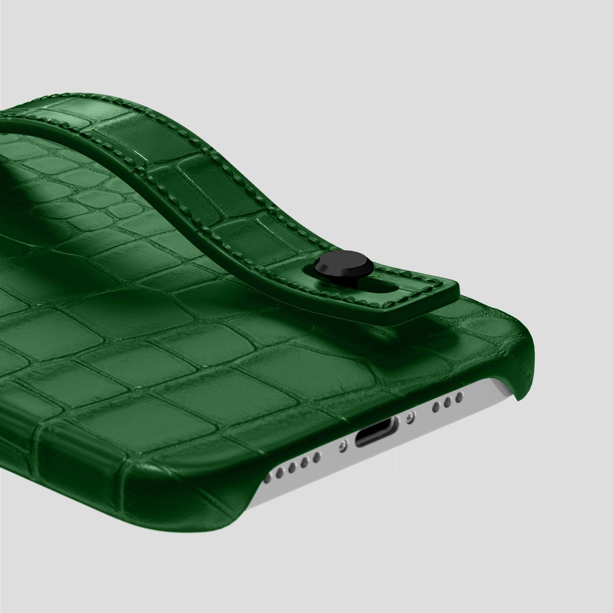 Forest-Green iPhone 14 Pro Hand Strap Case Alligator with Black Metal -5 | Forest-Green-Black