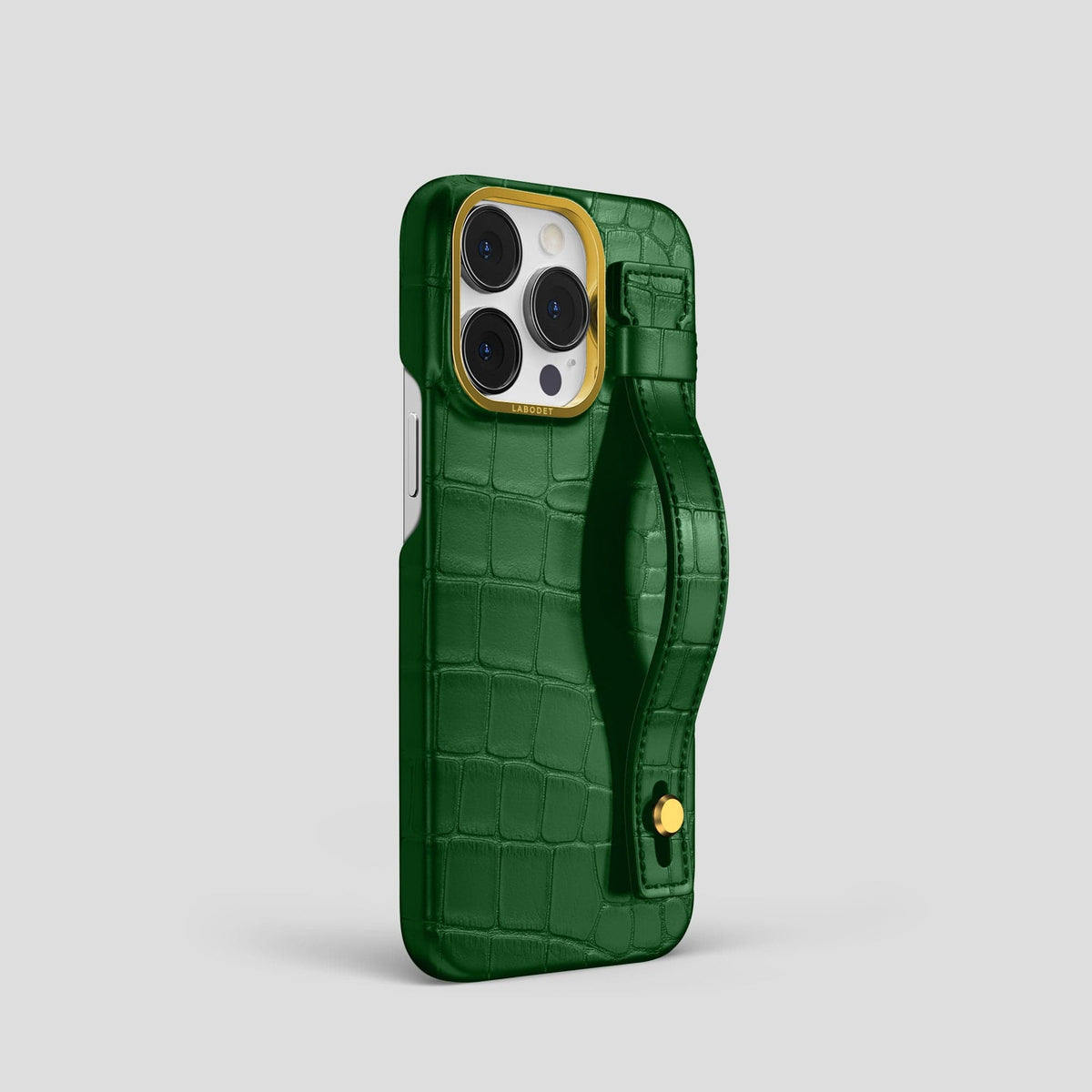 Forest-Green iPhone 14 Pro Hand Strap Case Alligator with Gold Metal -2 | Forest-Green-Gold