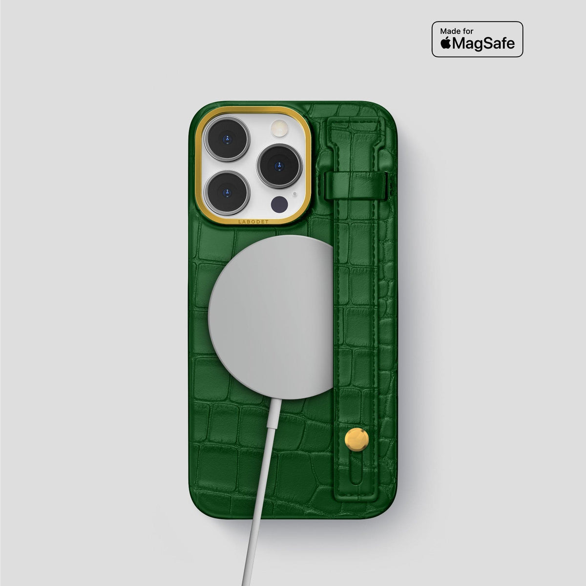 Forest-Green iPhone 14 Pro Hand Strap Case Alligator with Gold Metal -4 | Forest-Green-Gold