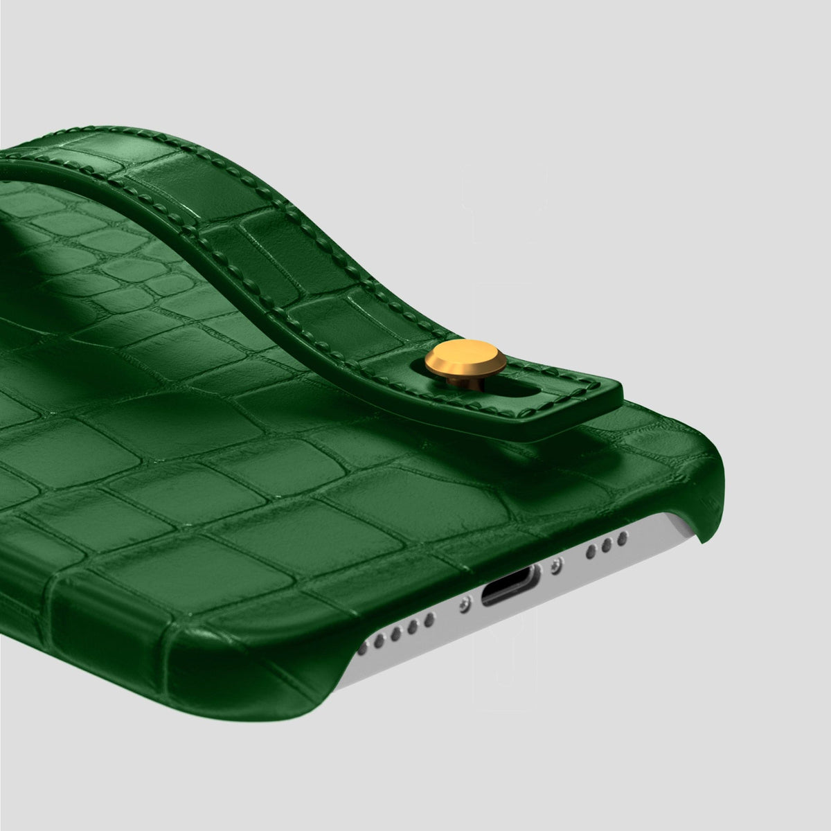 Forest-Green iPhone 14 Pro Hand Strap Case Alligator with Gold Metal -5 | Forest-Green-Gold