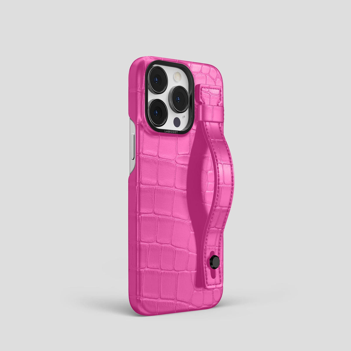 Fuchsia iPhone 14 Pro Hand Strap Case Alligator with Black Metal -2 | Fuchsia-Black