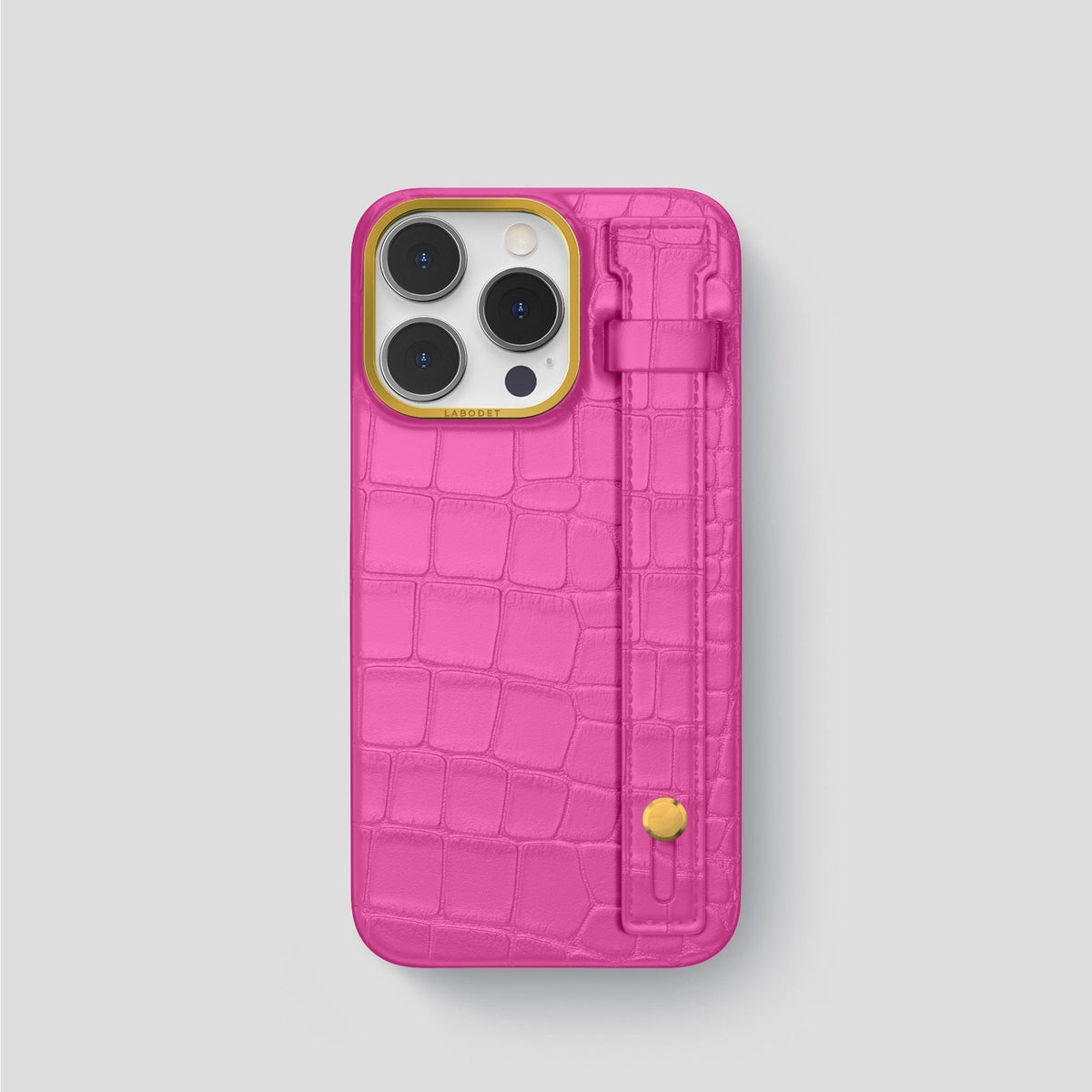 Fuchsia iPhone 14 Pro Hand Strap Case Alligator with Gold Metal -1 | Fuchsia-Gold