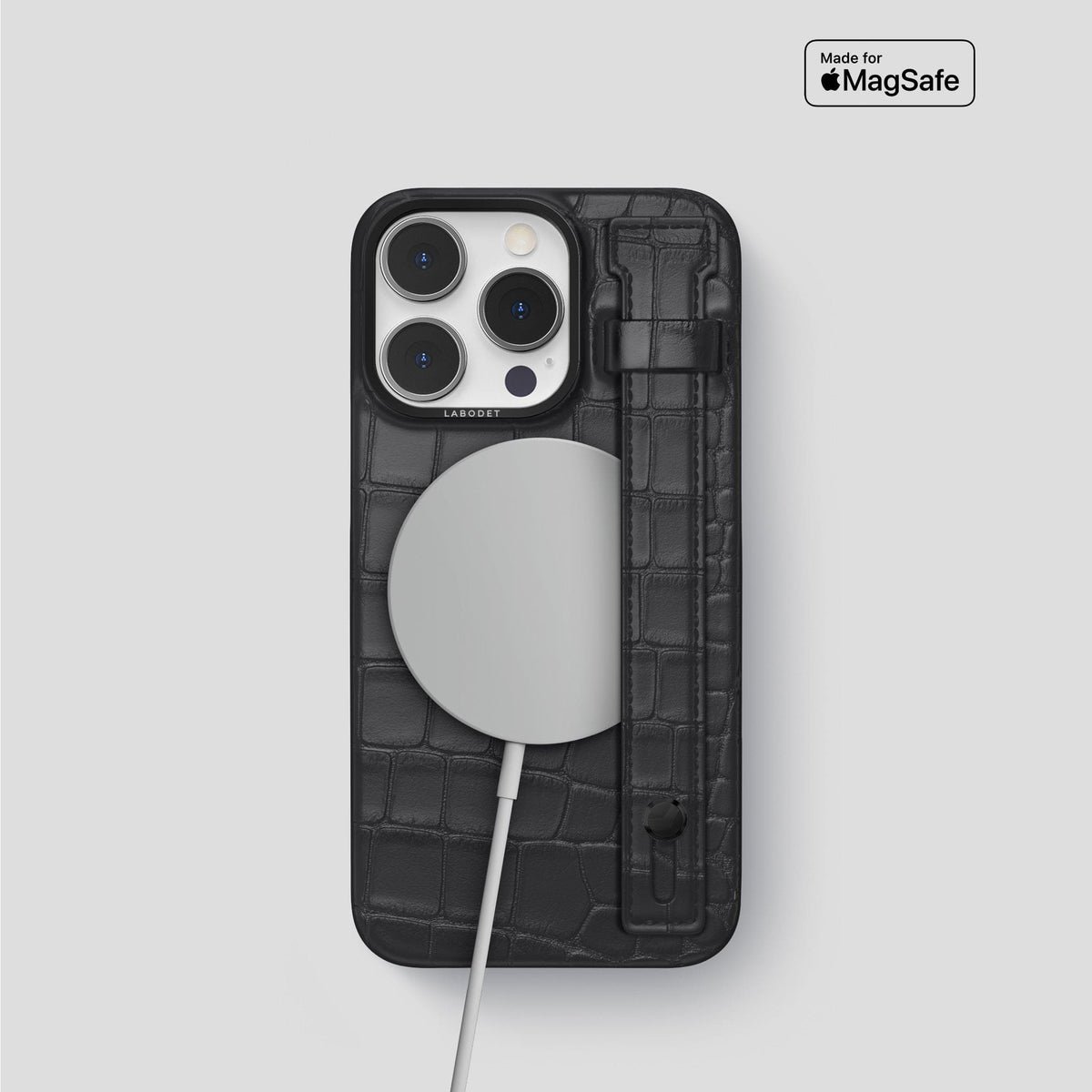 Grey iPhone 14 Pro Hand Strap Case Alligator with Black Metal -4 | Grey-Black