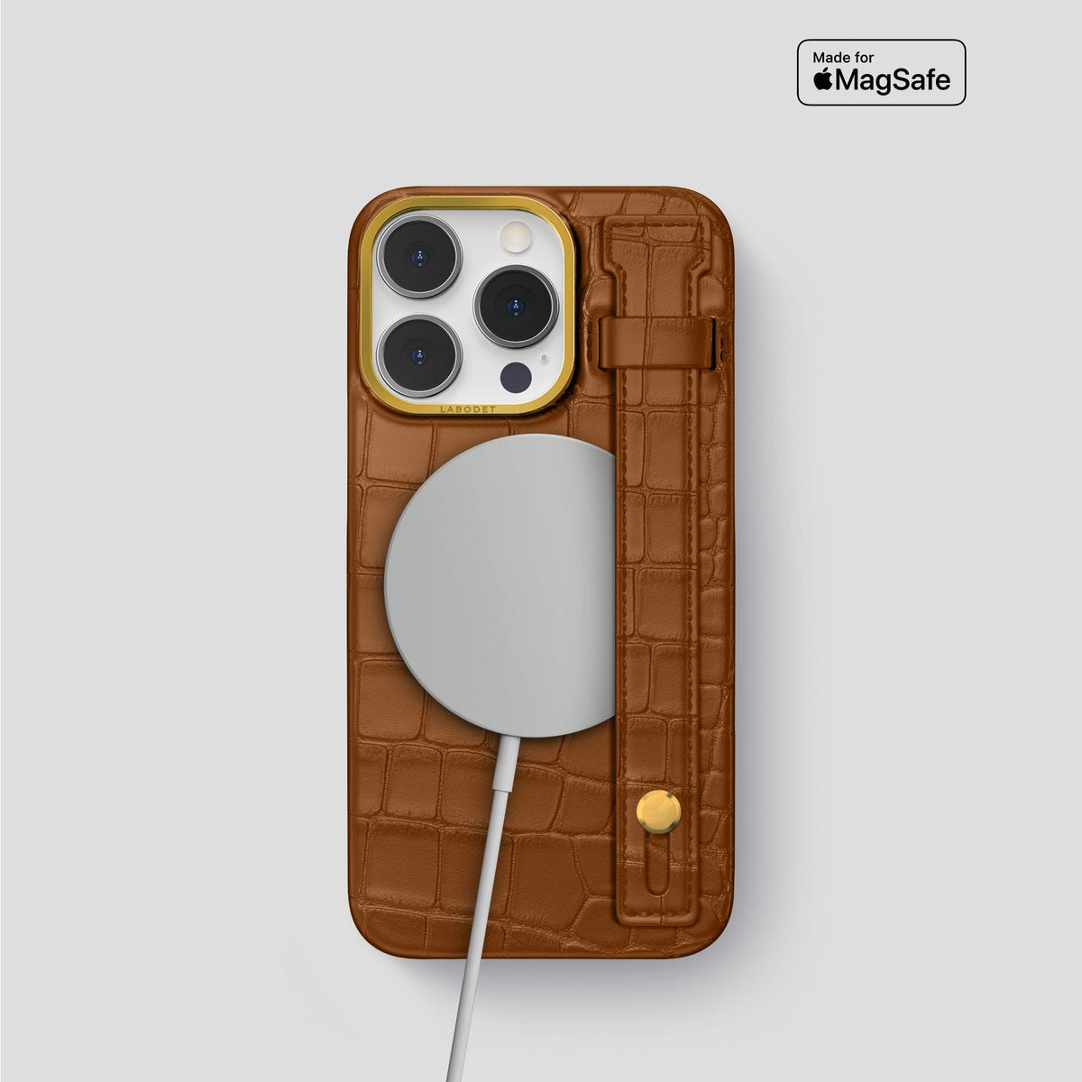 Honey iPhone 14 Pro Hand Strap Case Alligator with Gold Metal -4 | Honey-Gold