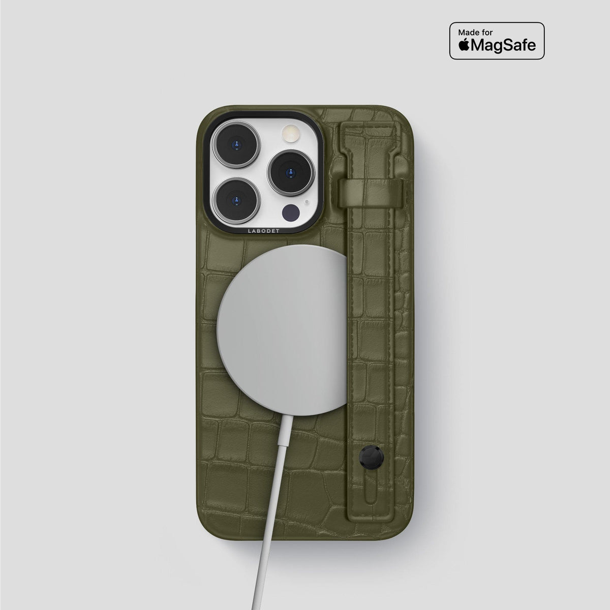 Kaki-Green iPhone 14 Pro Hand Strap Case Alligator with Black Metal -4 | Kaki-Green-Black