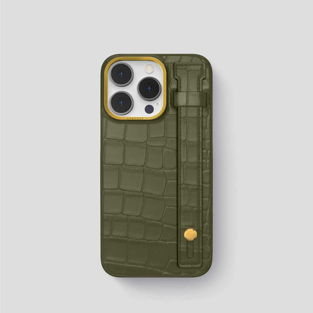 Kaki-Green iPhone 14 Pro Hand Strap Case Alligator with Gold Metal -1 | Kaki-Green-Gold