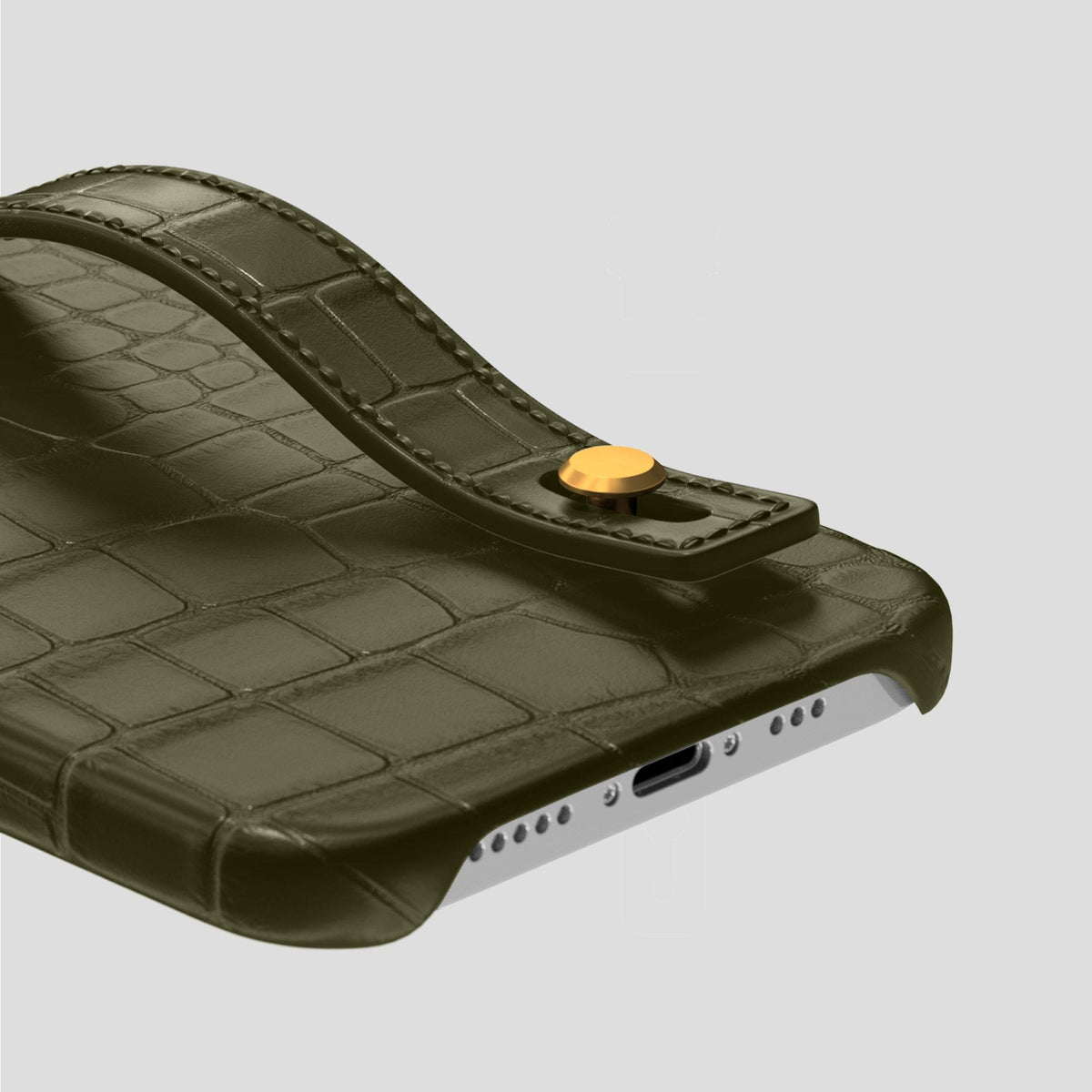 Kaki-Green iPhone 14 Pro Hand Strap Case Alligator with Gold Metal -5 | Kaki-Green-Gold