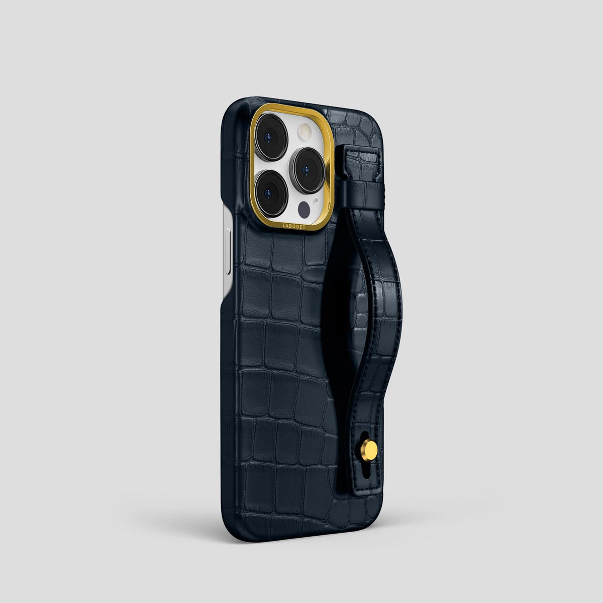 Navy Blue iPhone 14 Pro Hand Strap Case Alligator with Gold Metal -2 | Navy-Blue-Gold