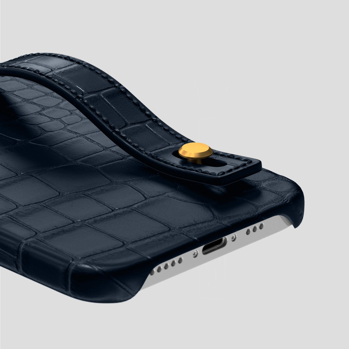Navy Blue iPhone 14 Pro Hand Strap Case Alligator with Gold Metal -5 | Navy-Blue-Gold