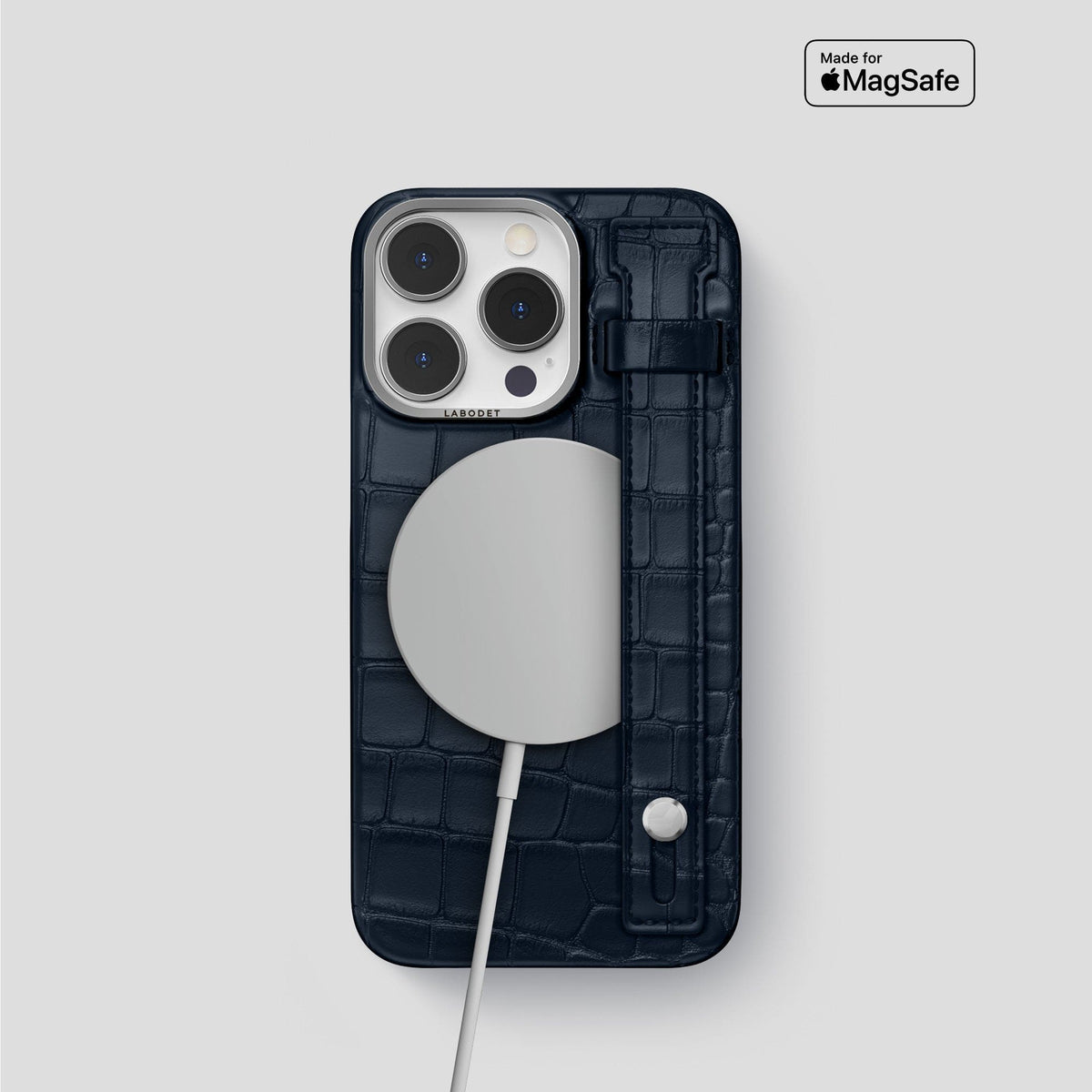 Navy Blue iPhone 14 Pro Hand Strap Case Alligator with Steel Metal -4 | Navy-Blue-Steel
