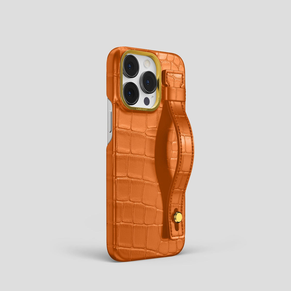 Orange iPhone 14 Pro Hand Strap Case Alligator with Gold Metal -2 | Orange-Gold