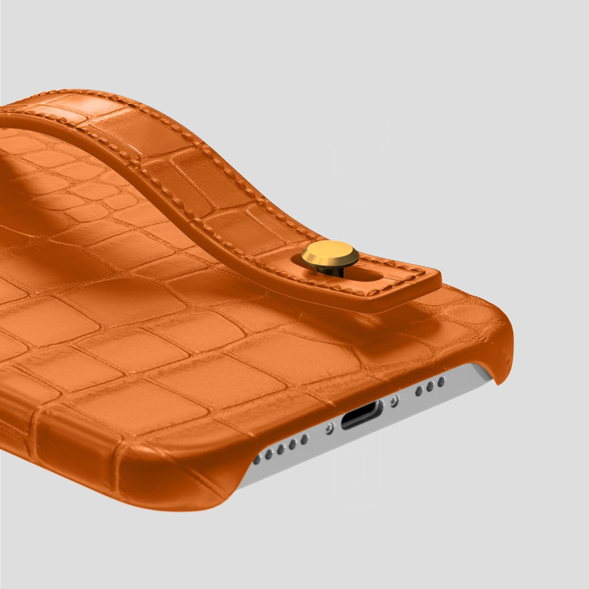 Orange iPhone 14 Pro Hand Strap Case Alligator with Gold Metal -5 | Orange-Gold