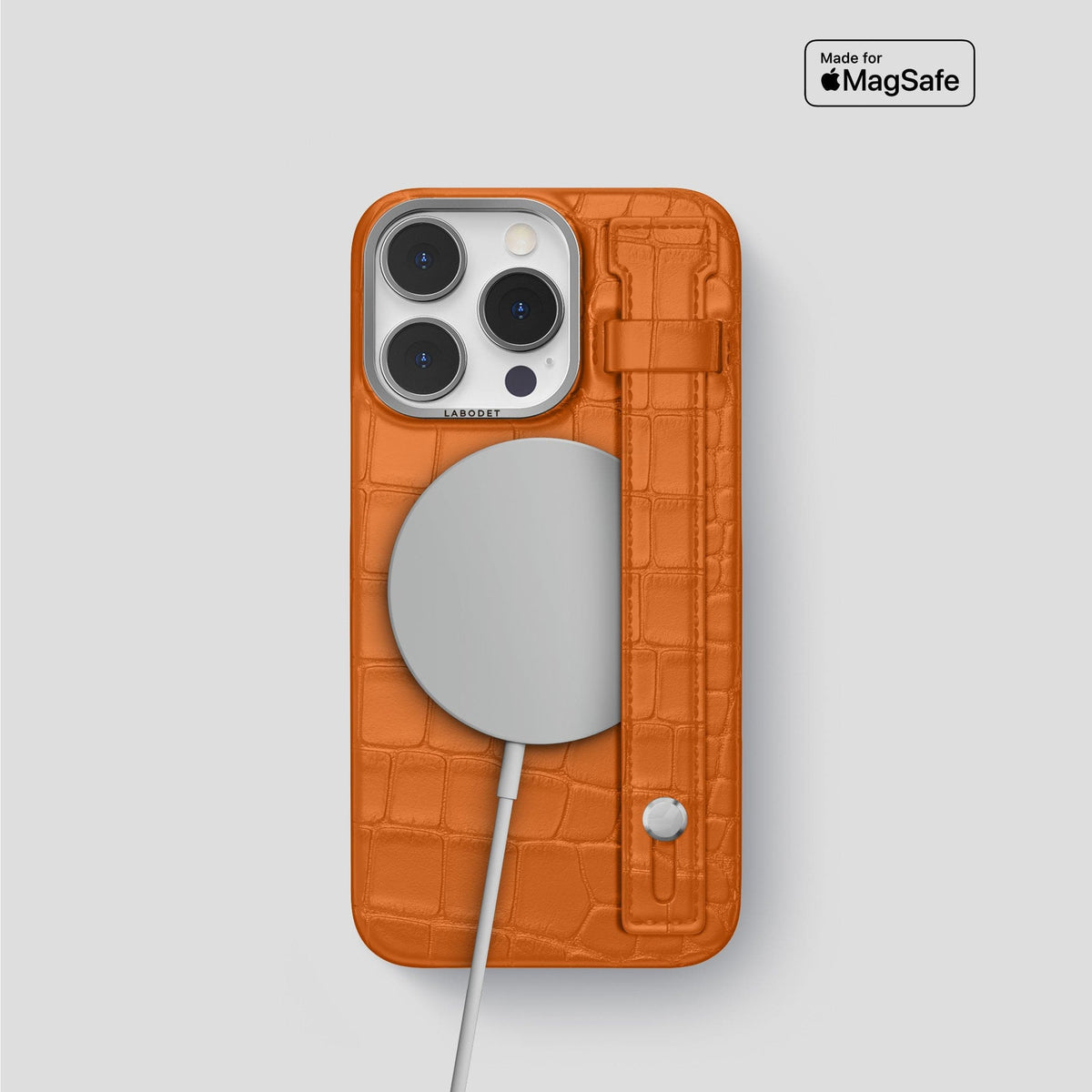 Orange iPhone 14 Pro Hand Strap Case Alligator with Steel Metal -4 | Orange-Steel