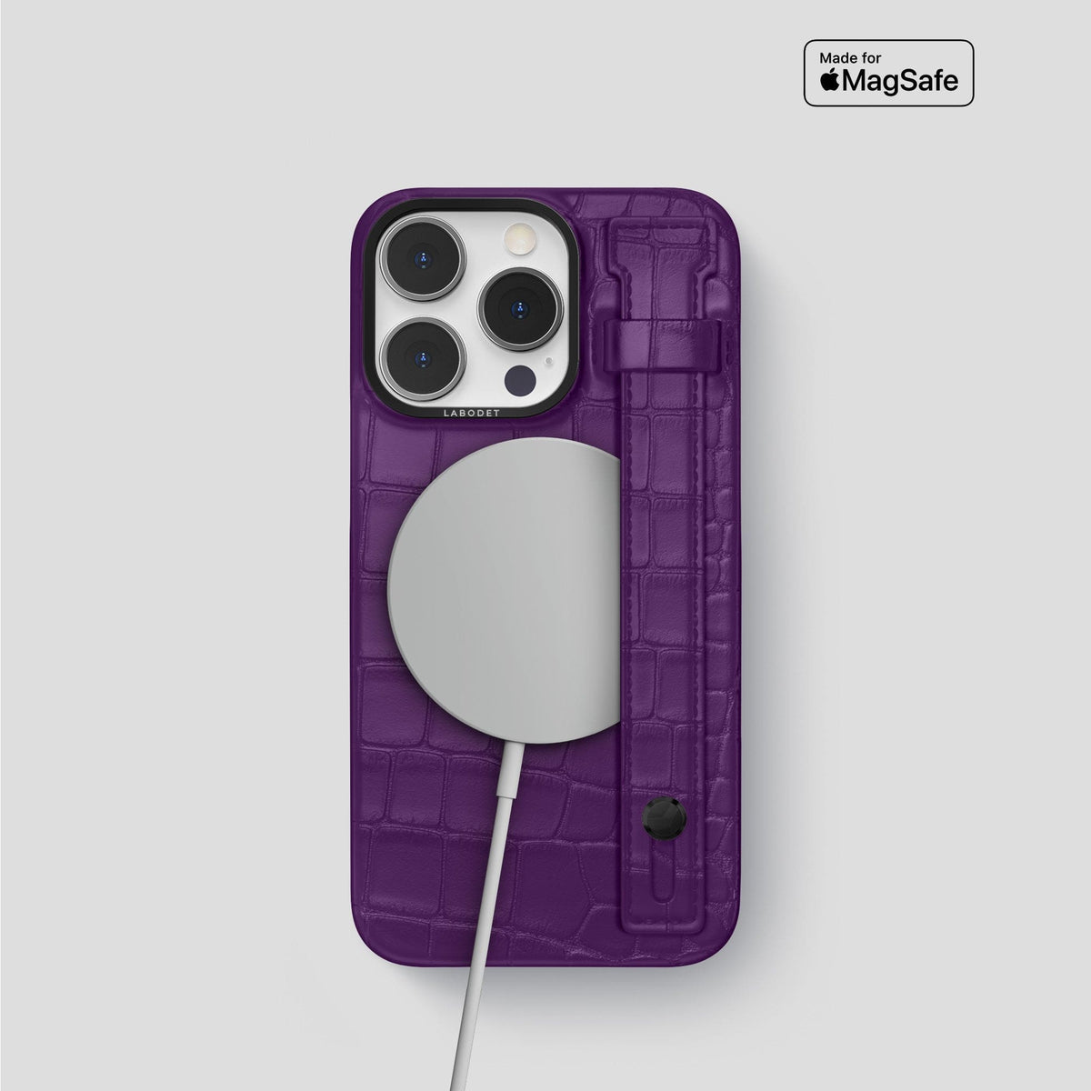 Purple iPhone 14 Pro Hand Strap Case Alligator with Black Metal -4 | Purple-Black