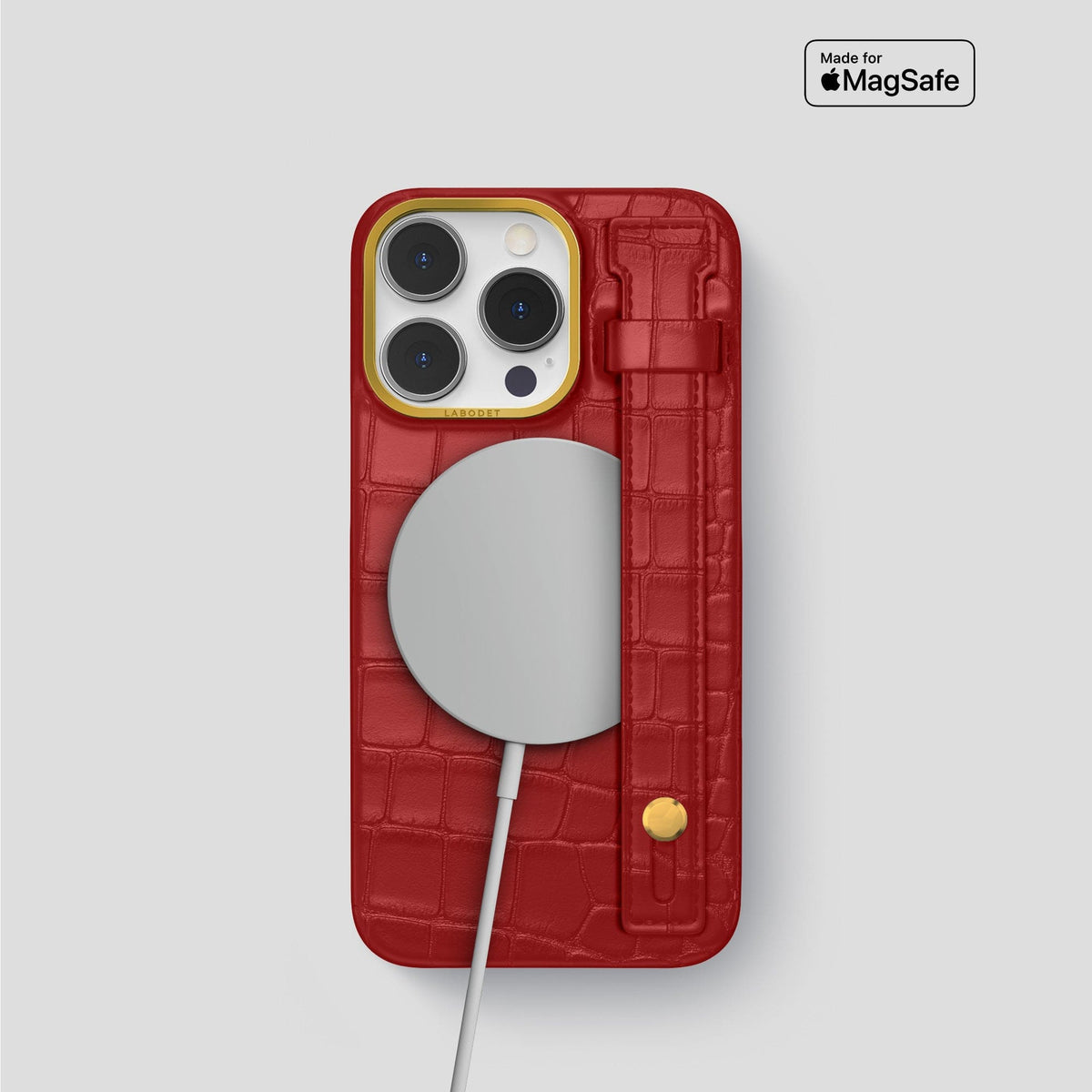 Red iPhone 14 Pro Hand Strap Case Alligator with Gold Metal -4 | Red-Gold