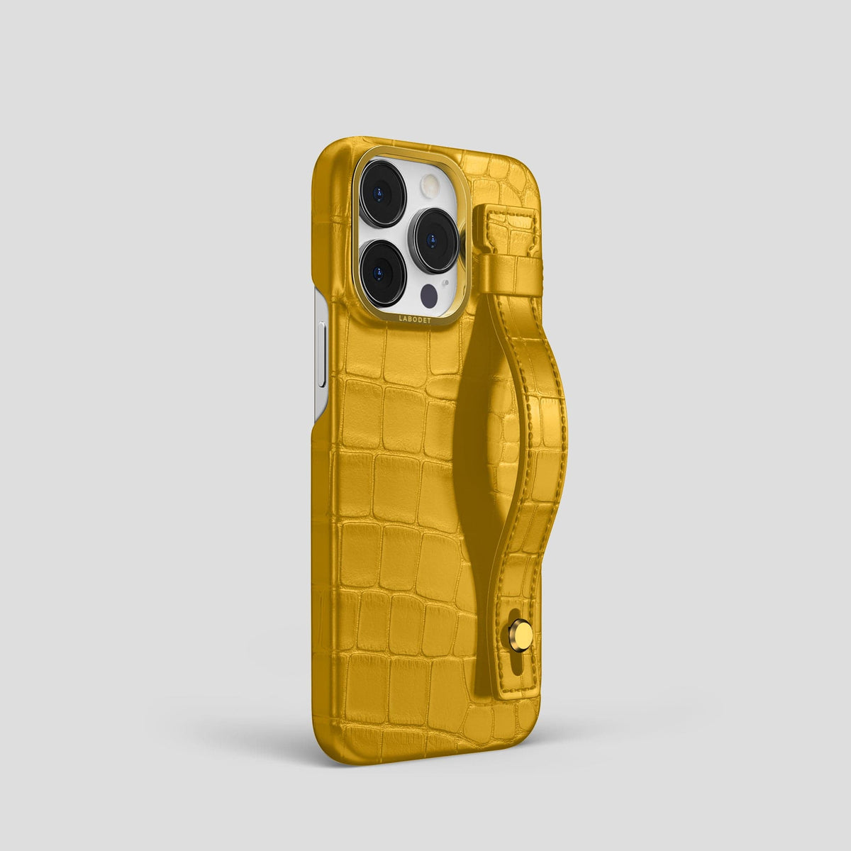 Yellow iPhone 14 Pro Hand Strap Case Alligator with Gold Metal -2 | Yellow-Gold