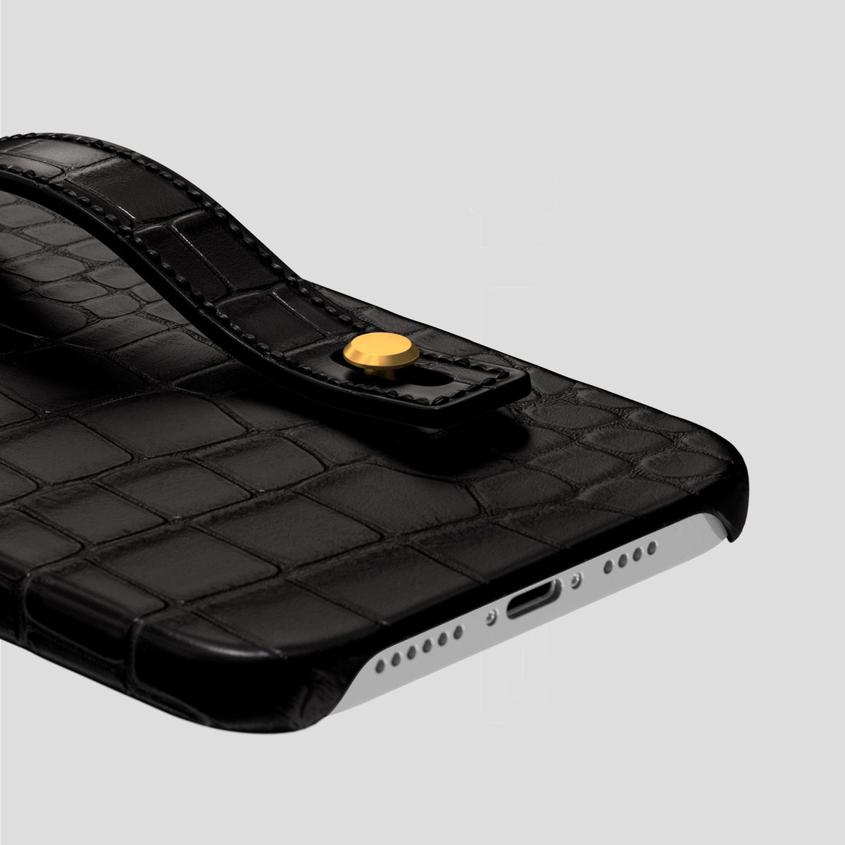 Black iPhone 14 Pro Max Hand Strap Case Alligator with Gold Metal -5 | Black-Gold