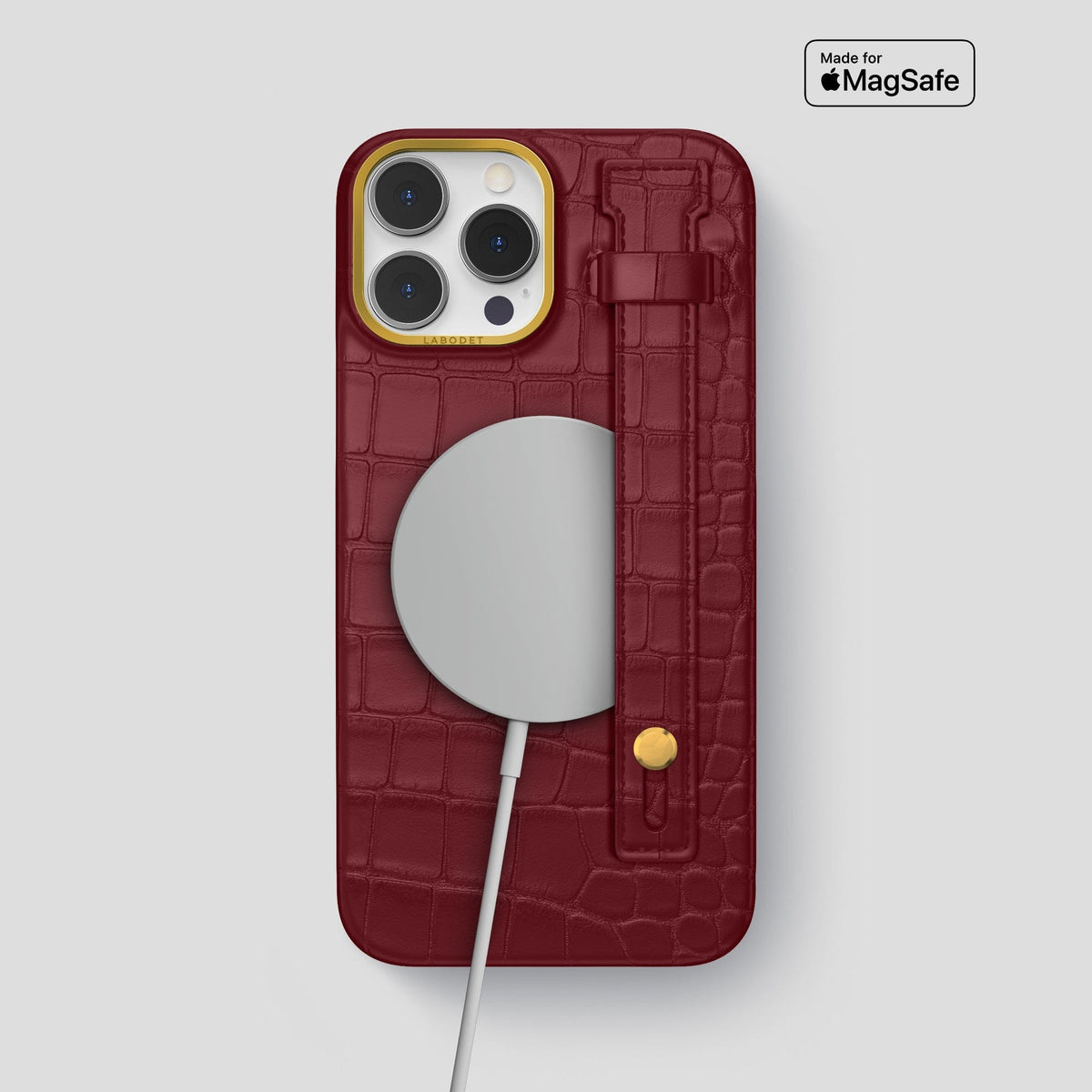 Burgundy iPhone 14 Pro Max Hand Strap Case Alligator with Gold Metal -4 | Burgundy-Gold