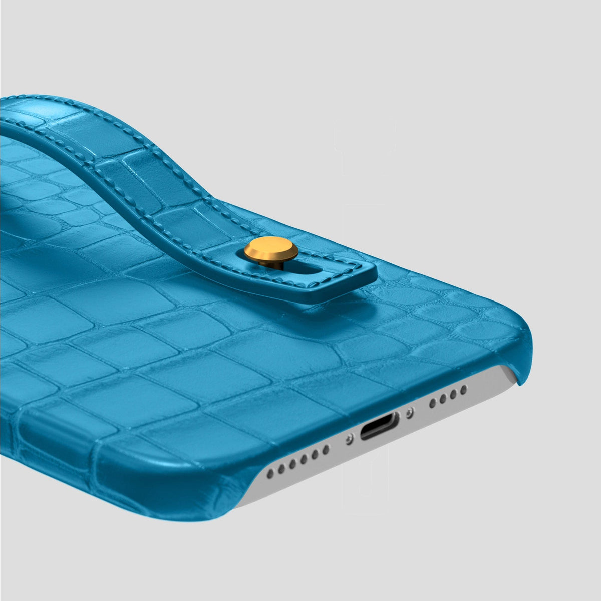 Curaçao-Blue iPhone 14 Pro Max Hand Strap Case Alligator with Gold Metal -5 | Curaçao-Blue-Gold