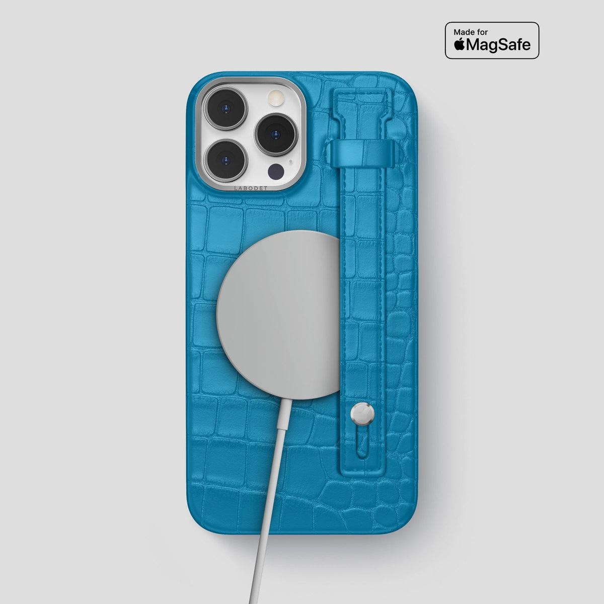 Curaçao-Blue iPhone 14 Pro Max Hand Strap Case Alligator with Steel Metal -4 | Curaçao-Blue-Steel
