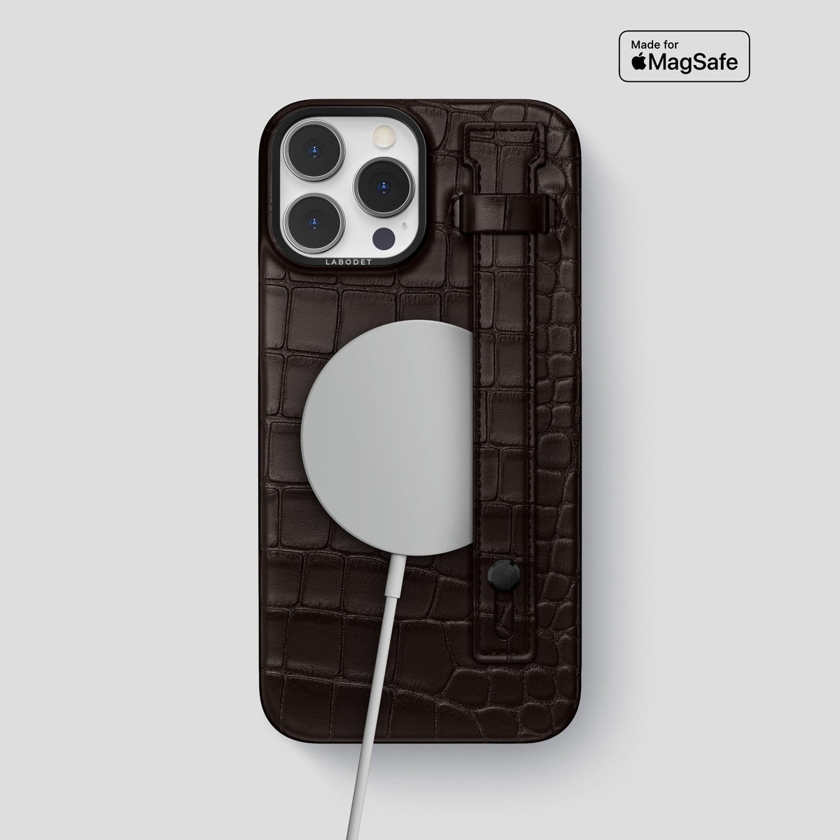 Dark Brown iPhone 14 Pro Max Hand Strap Case Alligator with Black Metal -4 | Dark-Brown-Black