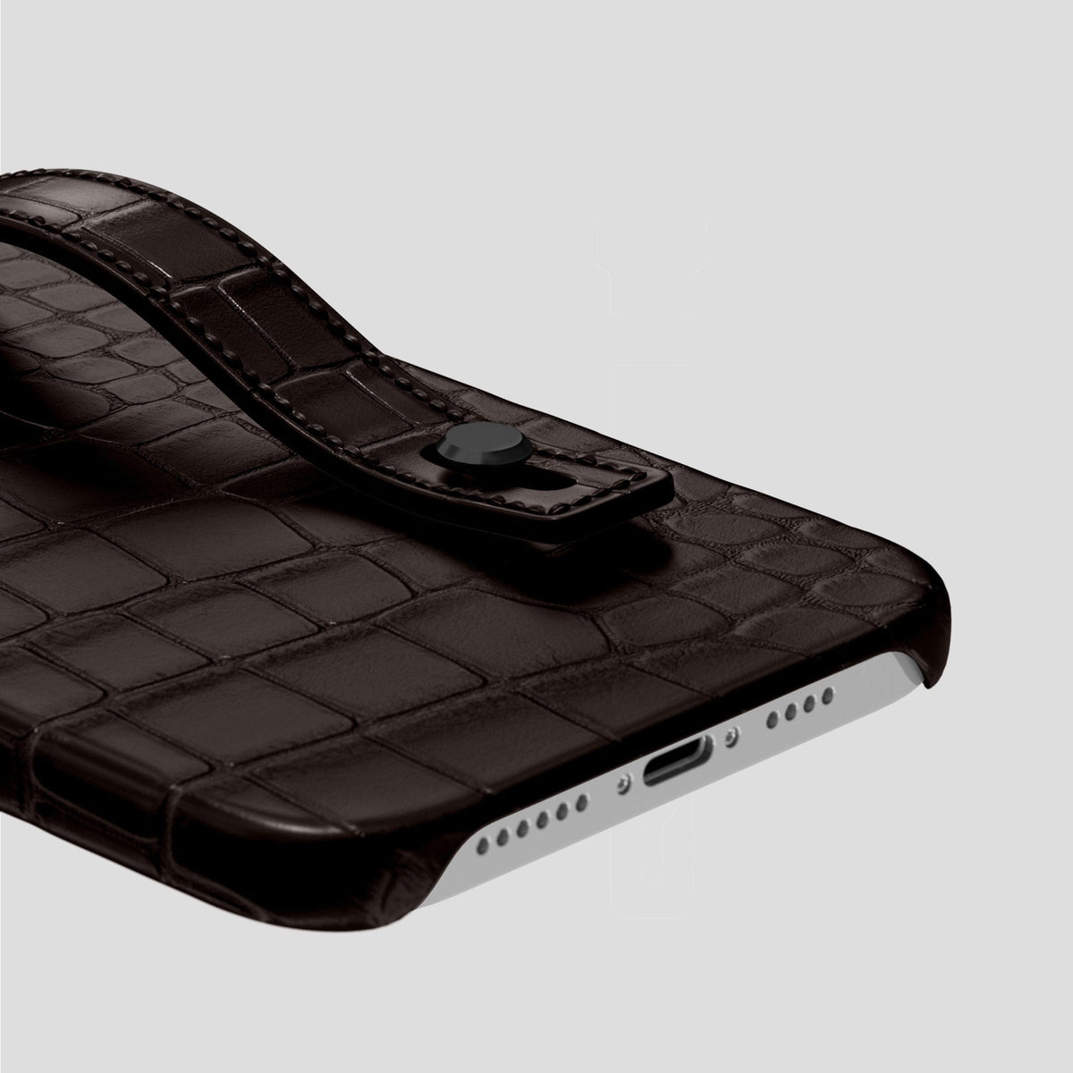 Dark Brown iPhone 14 Pro Max Hand Strap Case Alligator with Black Metal -5 | Dark-Brown-Black