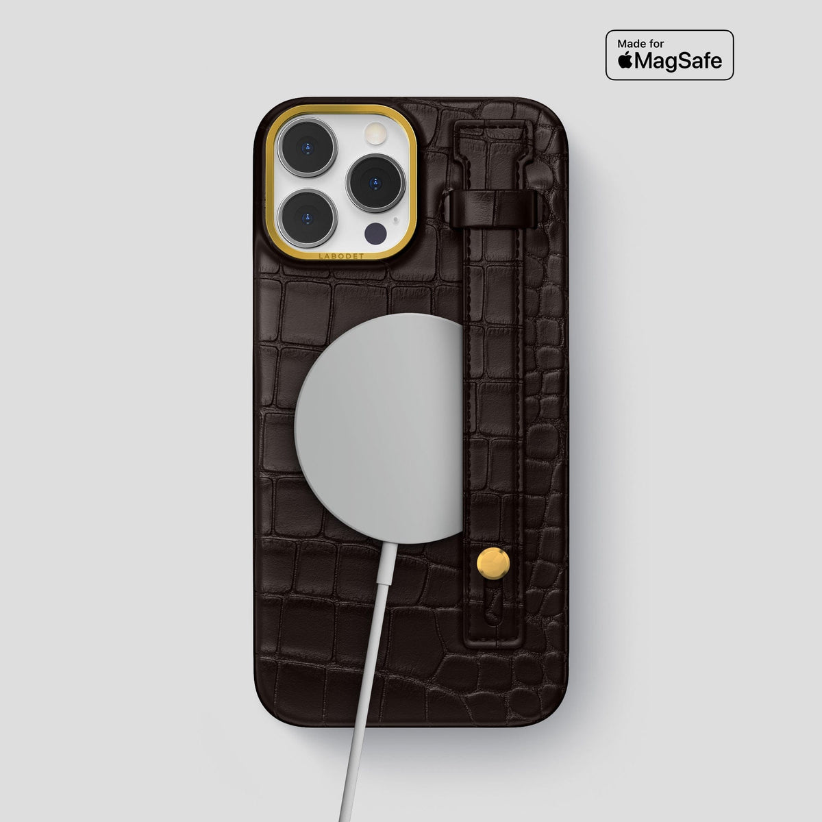 Dark Brown iPhone 14 Pro Max Hand Strap Case Alligator with Gold Metal -4 | Dark-Brown-Gold