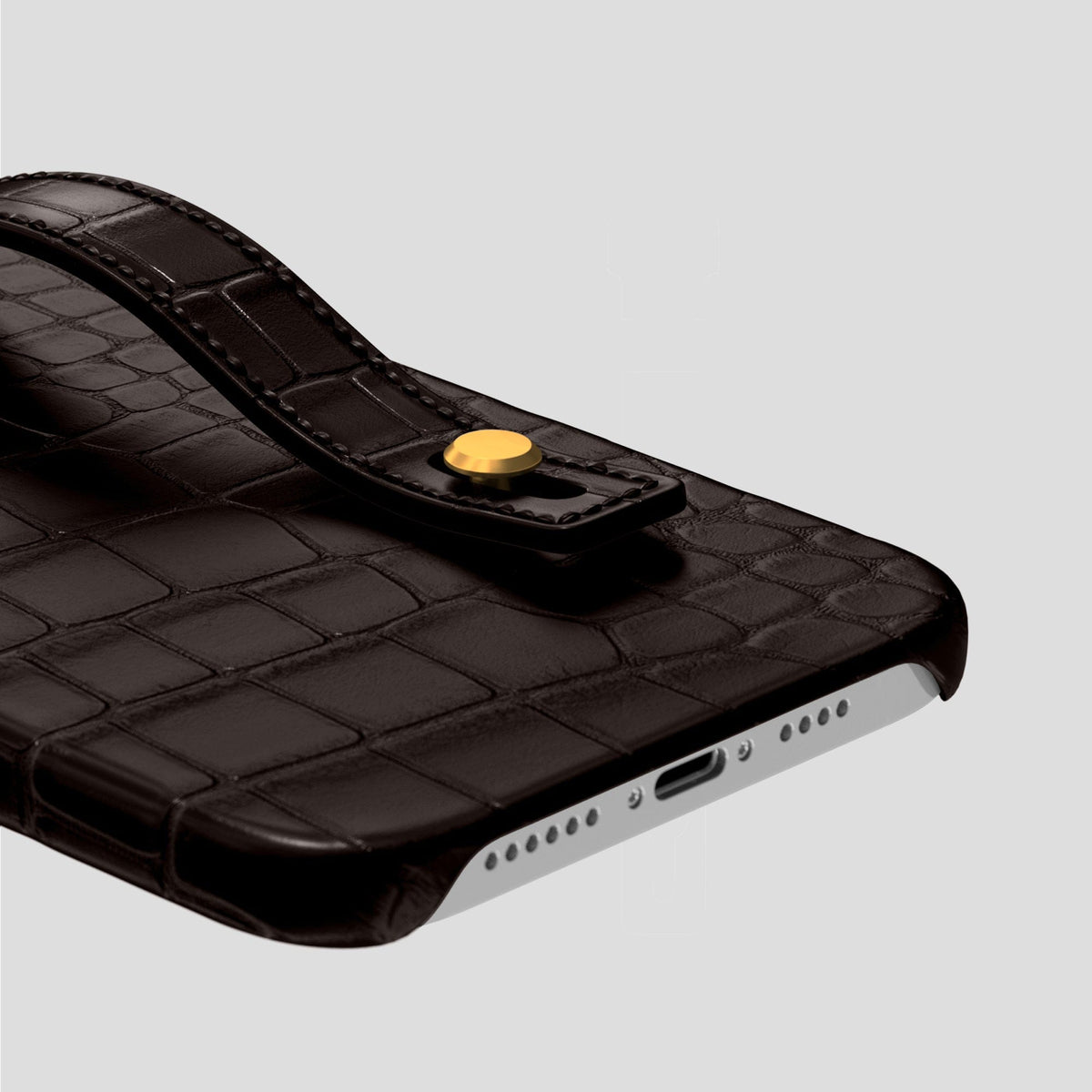 Dark Brown iPhone 14 Pro Max Hand Strap Case Alligator with Gold Metal -5 | Dark-Brown-Gold