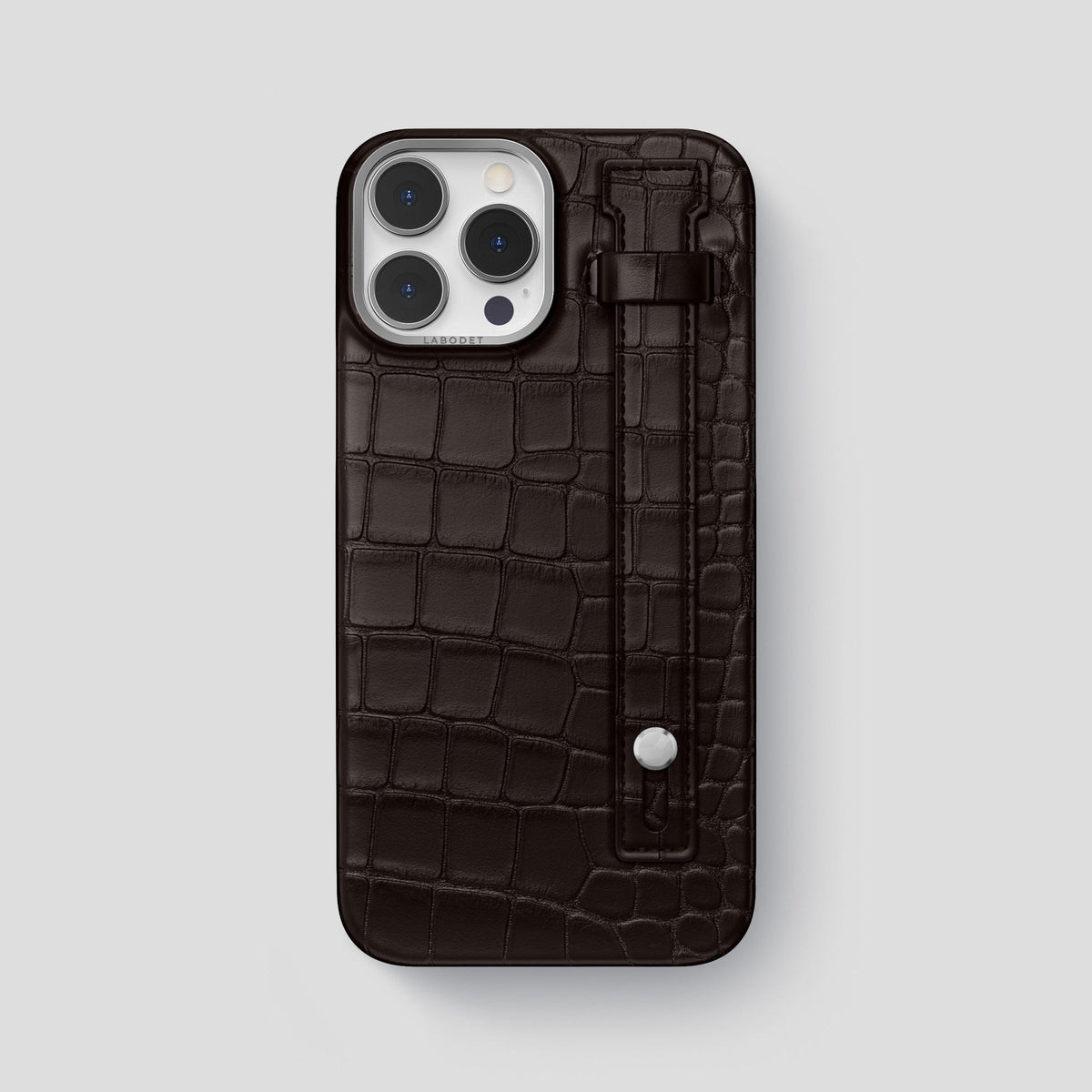 Dark Brown iPhone 14 Pro Max Hand Strap Case Alligator with Steel Metal -1 | Dark-Brown-Steel