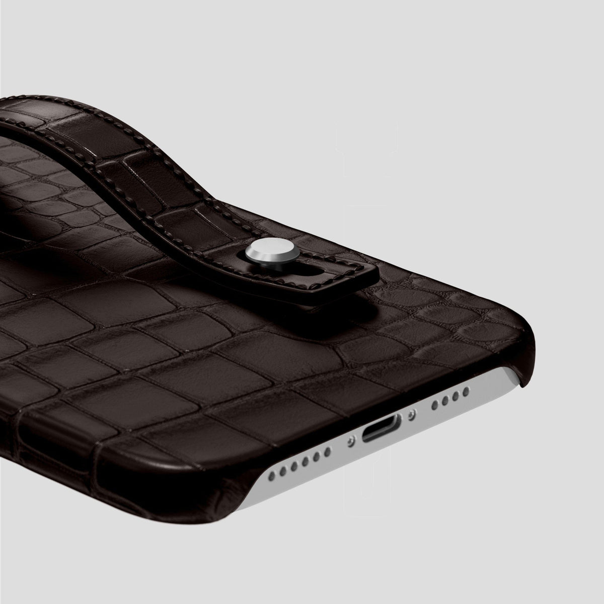 Dark Brown iPhone 14 Pro Max Hand Strap Case Alligator with Steel Metal -5 | Dark-Brown-Steel