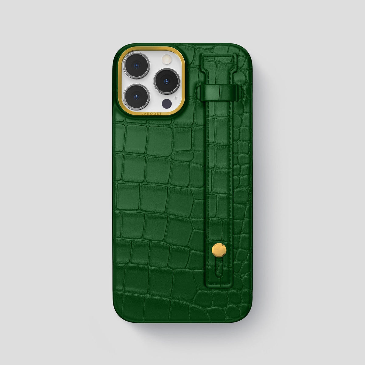 Forest-Green iPhone 14 Pro Max Hand Strap Case Alligator with Gold Metal -1 | Forest-Green-Gold