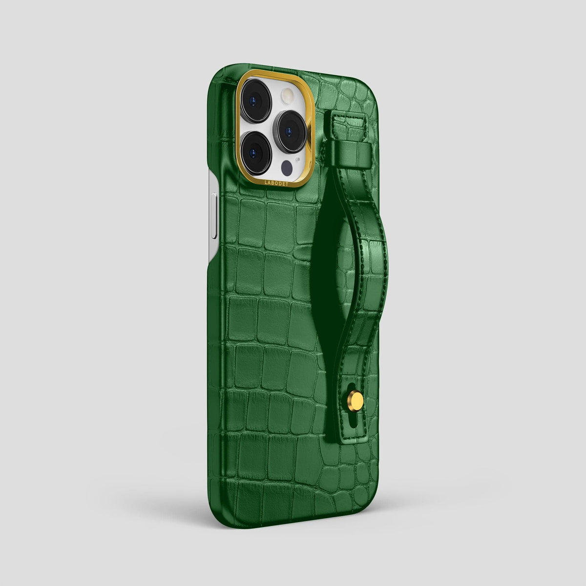 Forest-Green iPhone 14 Pro Max Hand Strap Case Alligator with Gold Metal -2 | Forest-Green-Gold