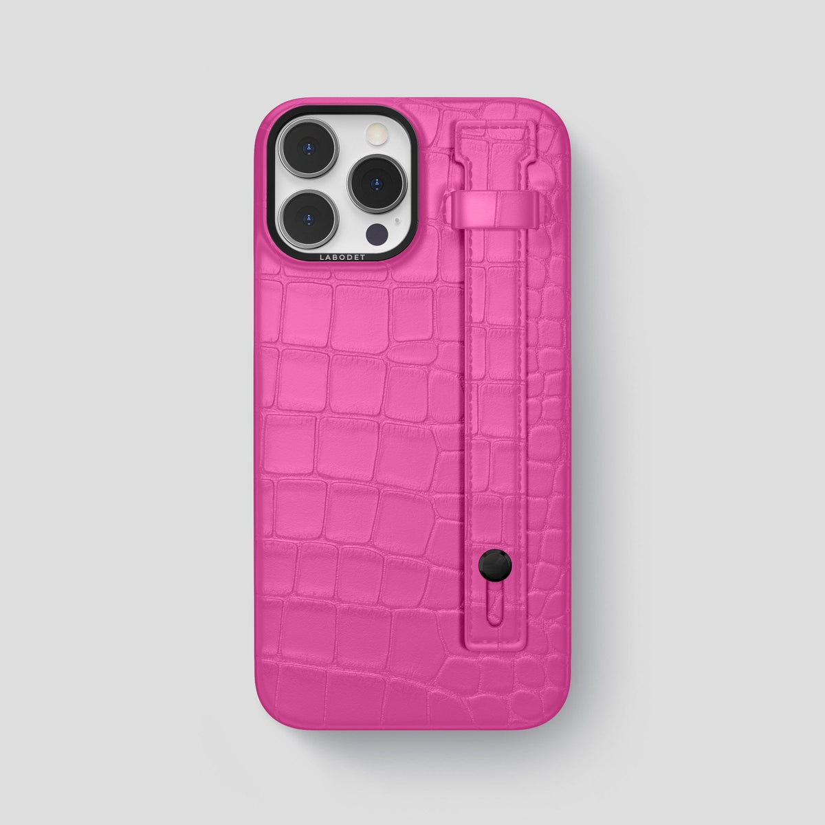 Fuchsia iPhone 14 Pro Max Hand Strap Case Alligator with Black Metal -1 | Fuchsia-Black
