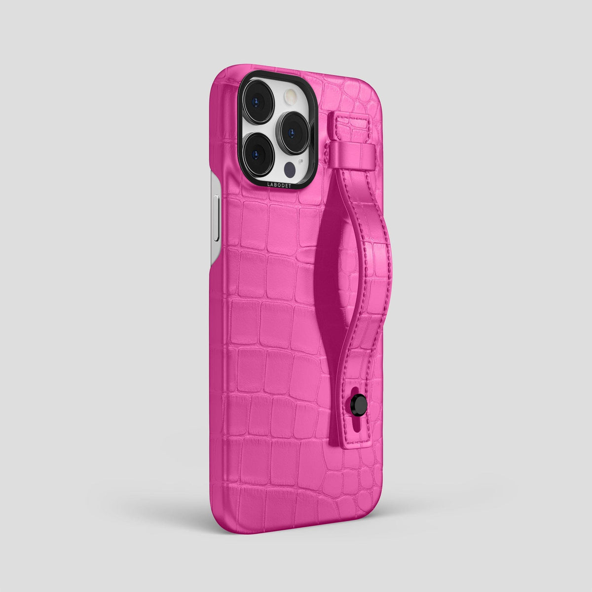 Fuchsia iPhone 14 Pro Max Hand Strap Case Alligator with Black Metal -2 | Fuchsia-Black