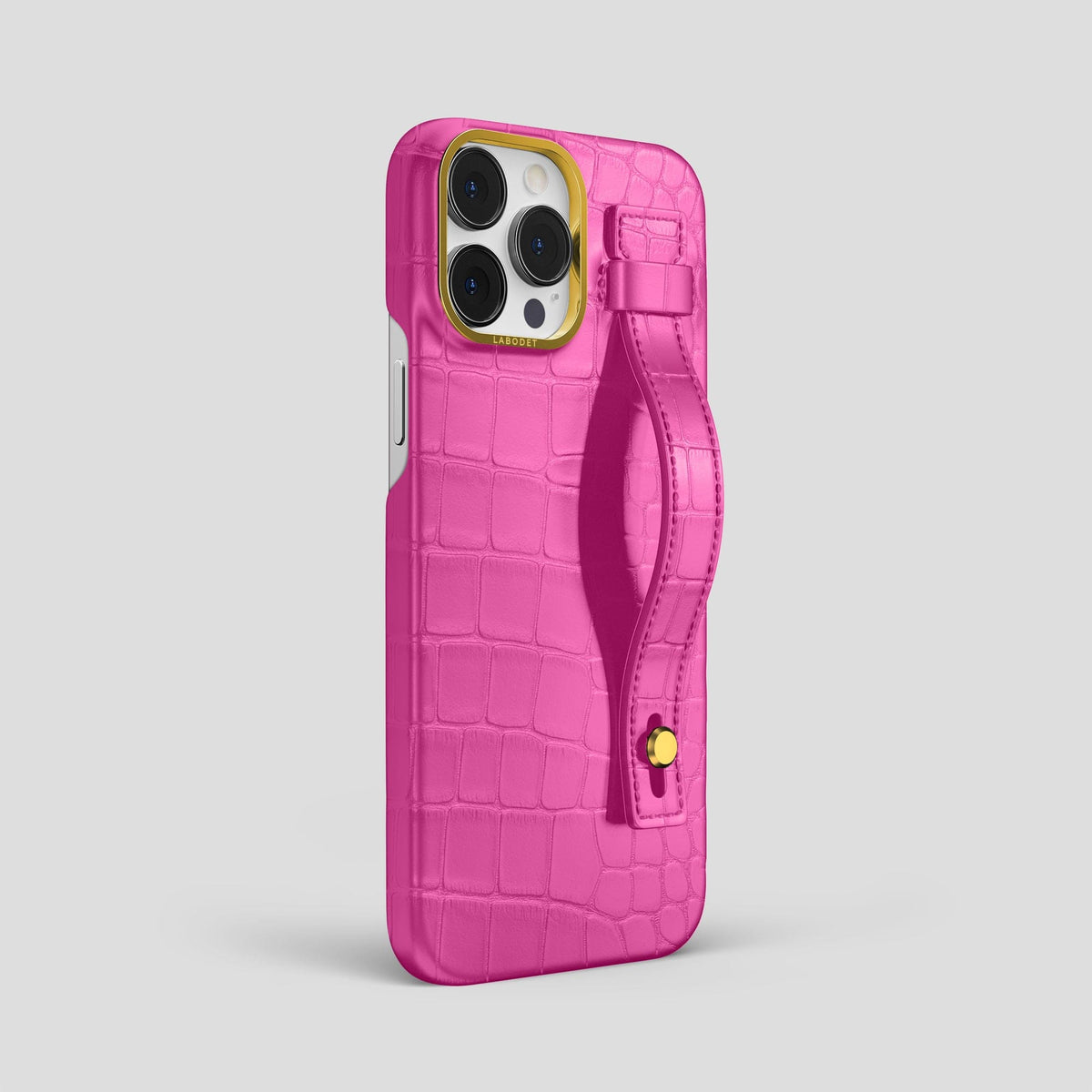 Fuchsia iPhone 14 Pro Max Hand Strap Case Alligator with Gold Metal -2 | Fuchsia-Gold
