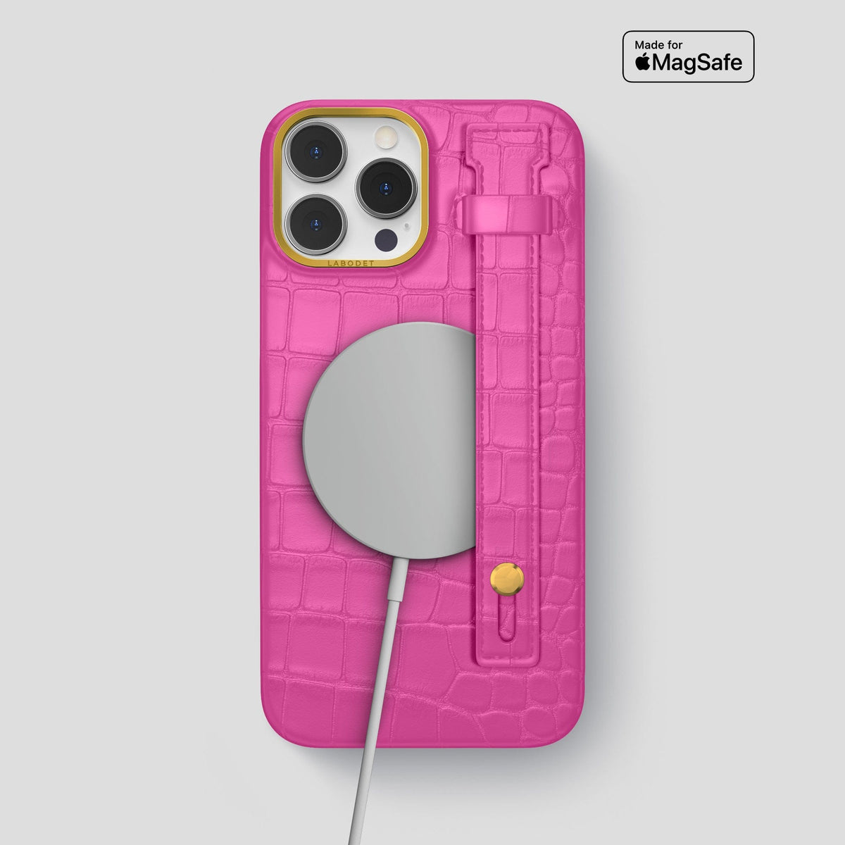Fuchsia iPhone 14 Pro Max Hand Strap Case Alligator with Gold Metal -4 | Fuchsia-Gold