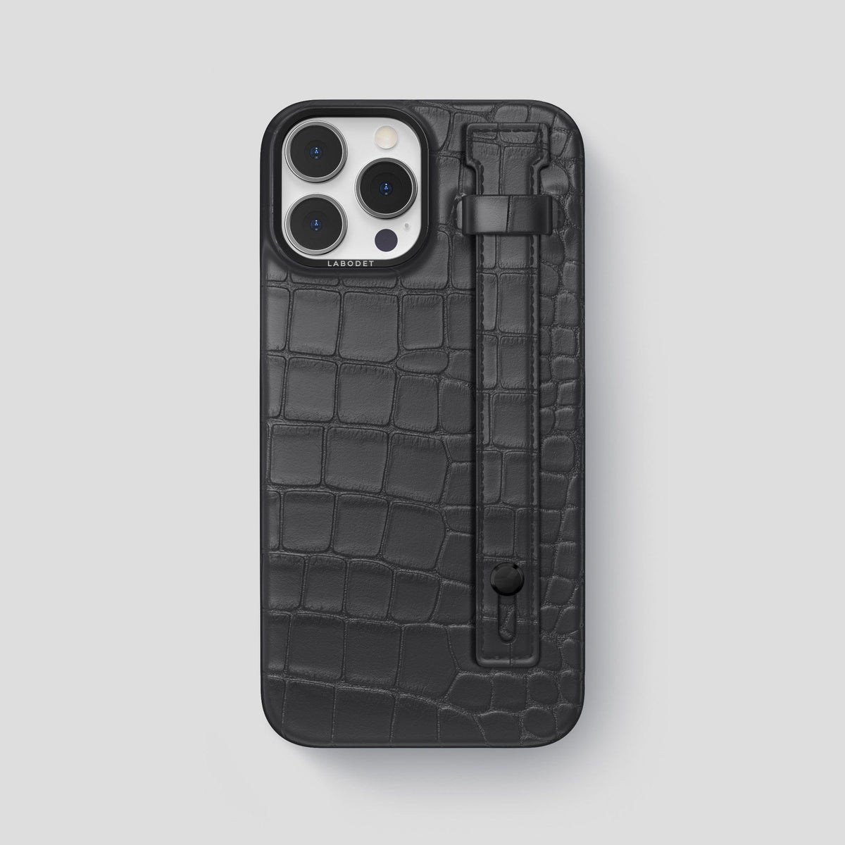 Grey iPhone 14 Pro Max Hand Strap Case Alligator with Black Metal -1 | Grey-Black