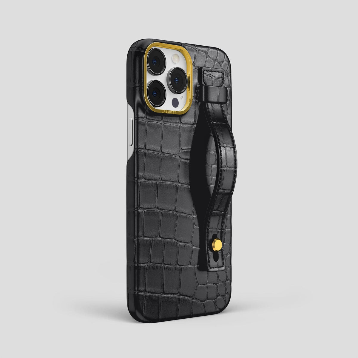 Grey iPhone 14 Pro Max Hand Strap Case Alligator with Gold Metal -2 | Grey-Gold