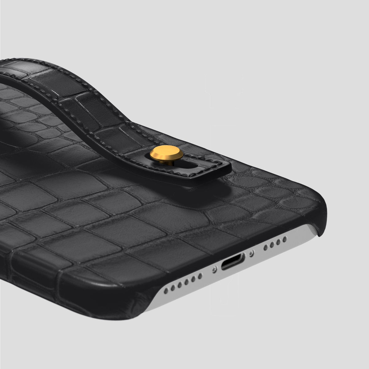 Grey iPhone 14 Pro Max Hand Strap Case Alligator with Gold Metal -5 | Grey-Gold
