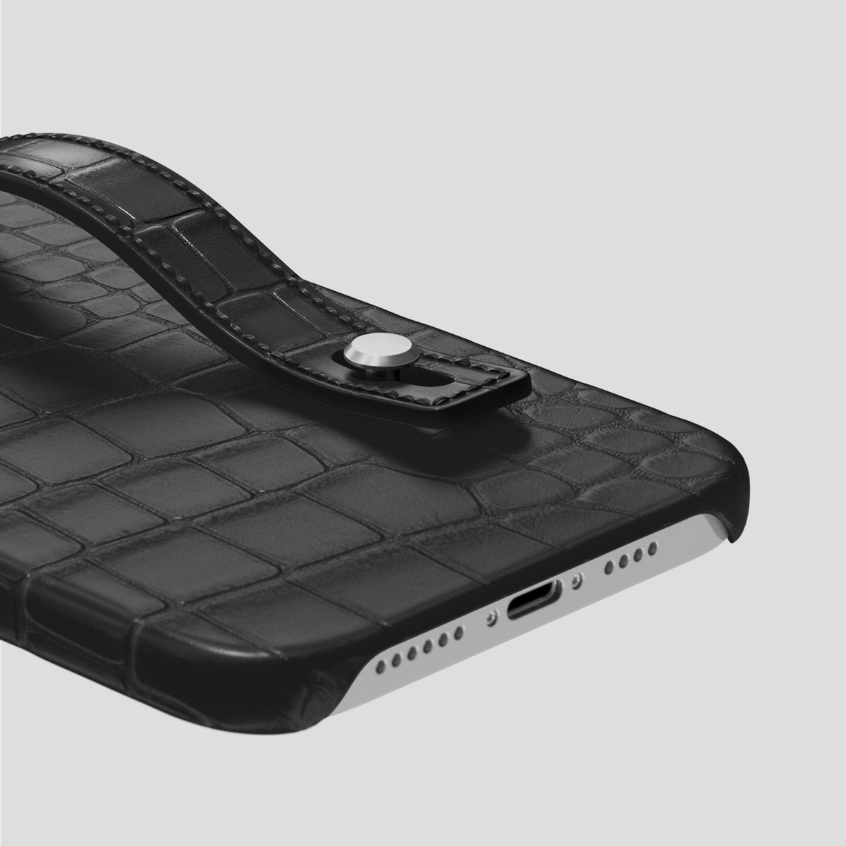 Grey iPhone 14 Pro Max Hand Strap Case Alligator with Steel Metal -5 | Grey-Steel
