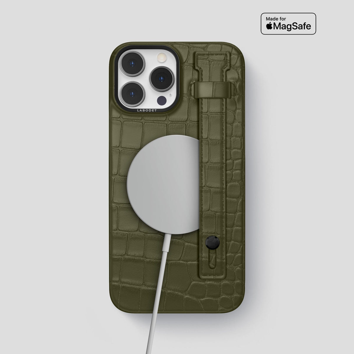 Kaki-Green iPhone 14 Pro Max Hand Strap Case Alligator with Black Metal -4 | Kaki-Green-Black