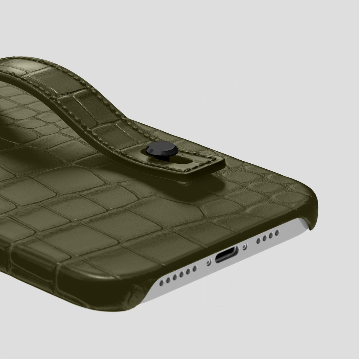 Kaki-Green iPhone 14 Pro Max Hand Strap Case Alligator with Black Metal -5 | Kaki-Green-Black