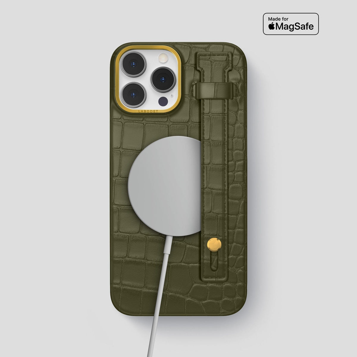 Kaki-Green iPhone 14 Pro Max Hand Strap Case Alligator with Gold Metal -4 | Kaki-Green-Gold