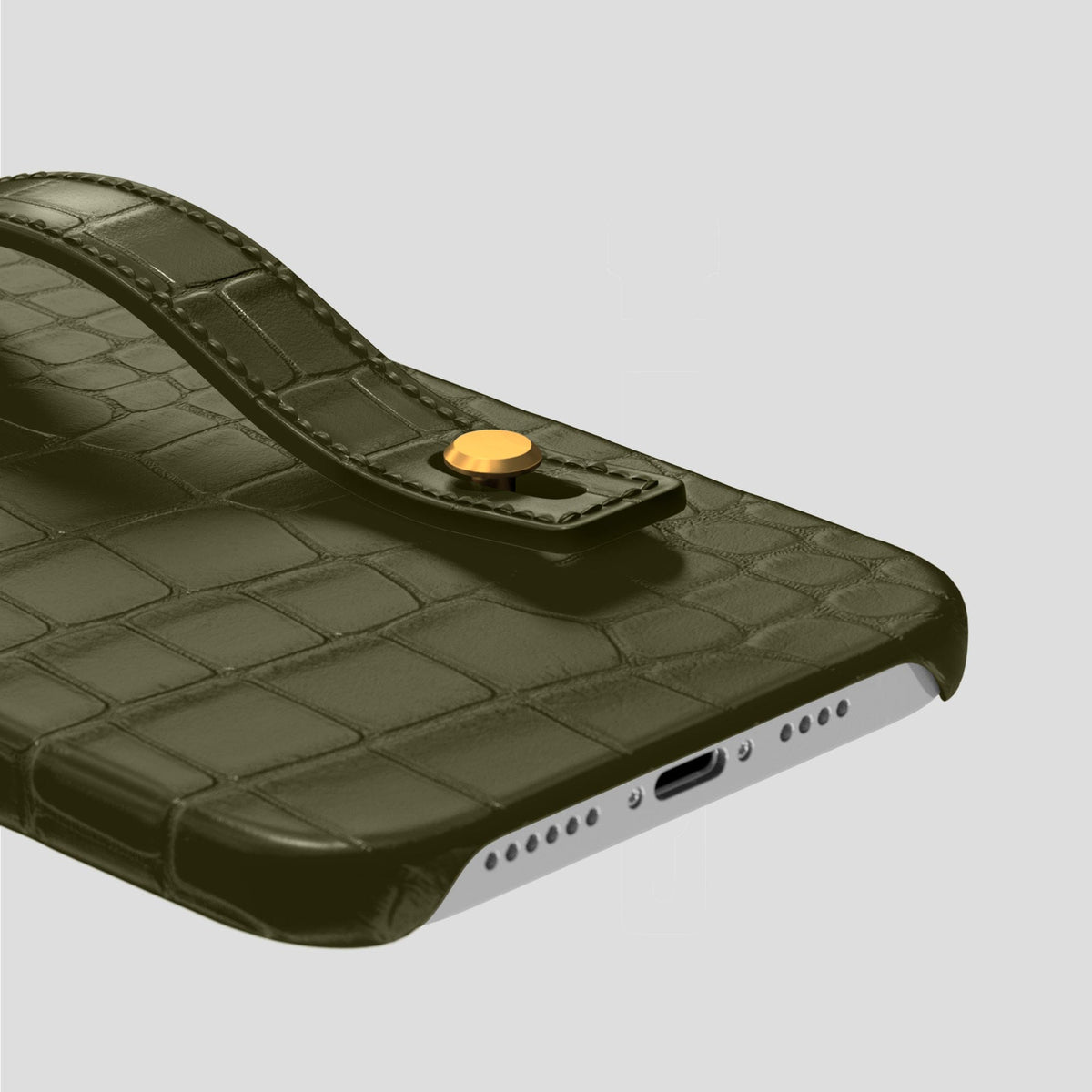 Kaki-Green iPhone 14 Pro Max Hand Strap Case Alligator with Gold Metal -5 | Kaki-Green-Gold