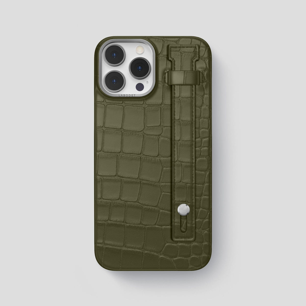 Kaki-Green iPhone 14 Pro Max Hand Strap Case Alligator with Steel Metal -1 | Kaki-Green-Steel
