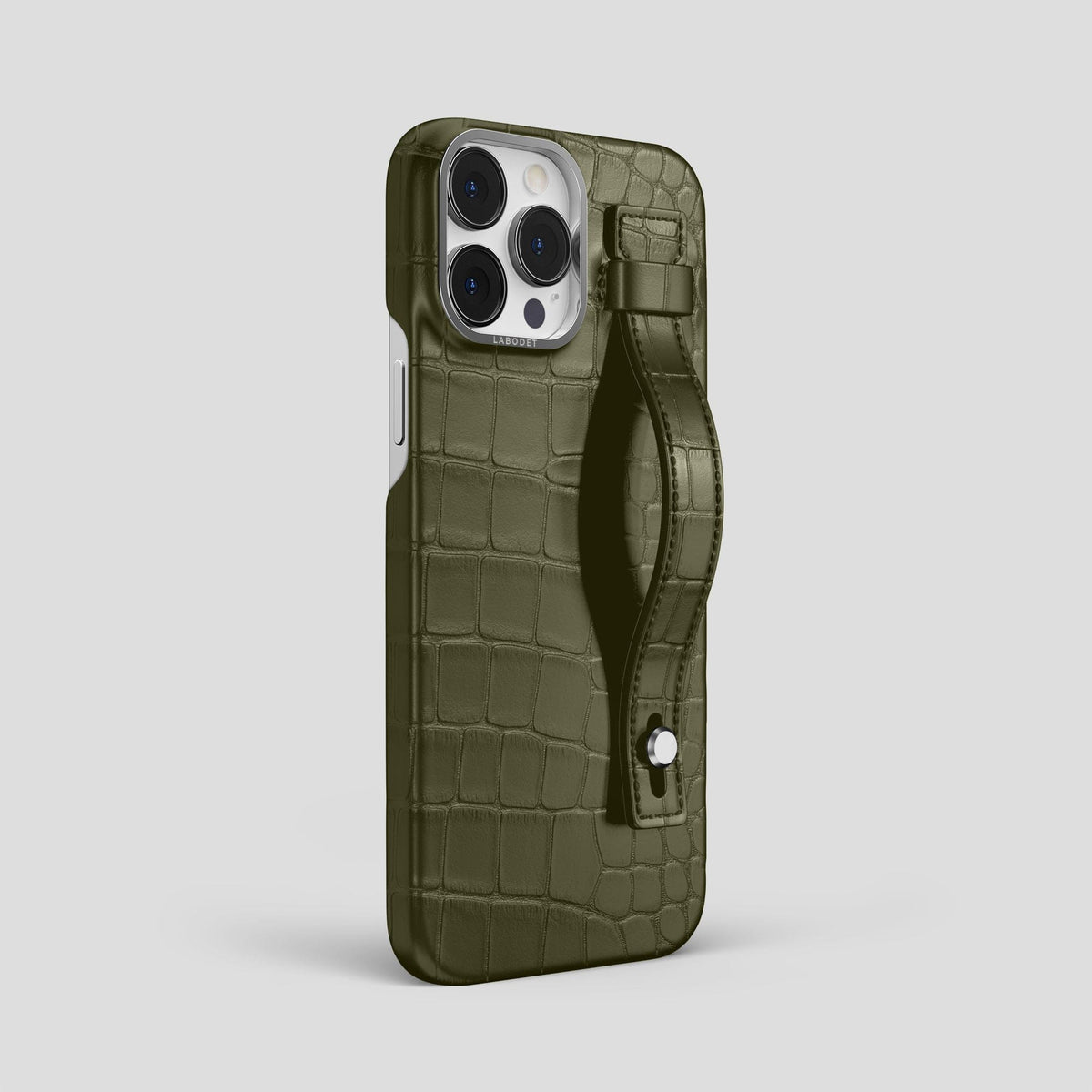 Kaki-Green iPhone 14 Pro Max Hand Strap Case Alligator with Steel Metal -2 | Kaki-Green-Steel