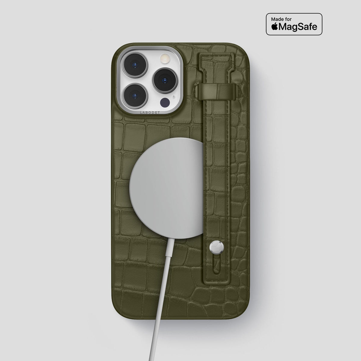 Kaki-Green iPhone 14 Pro Max Hand Strap Case Alligator with Steel Metal -4 | Kaki-Green-Steel