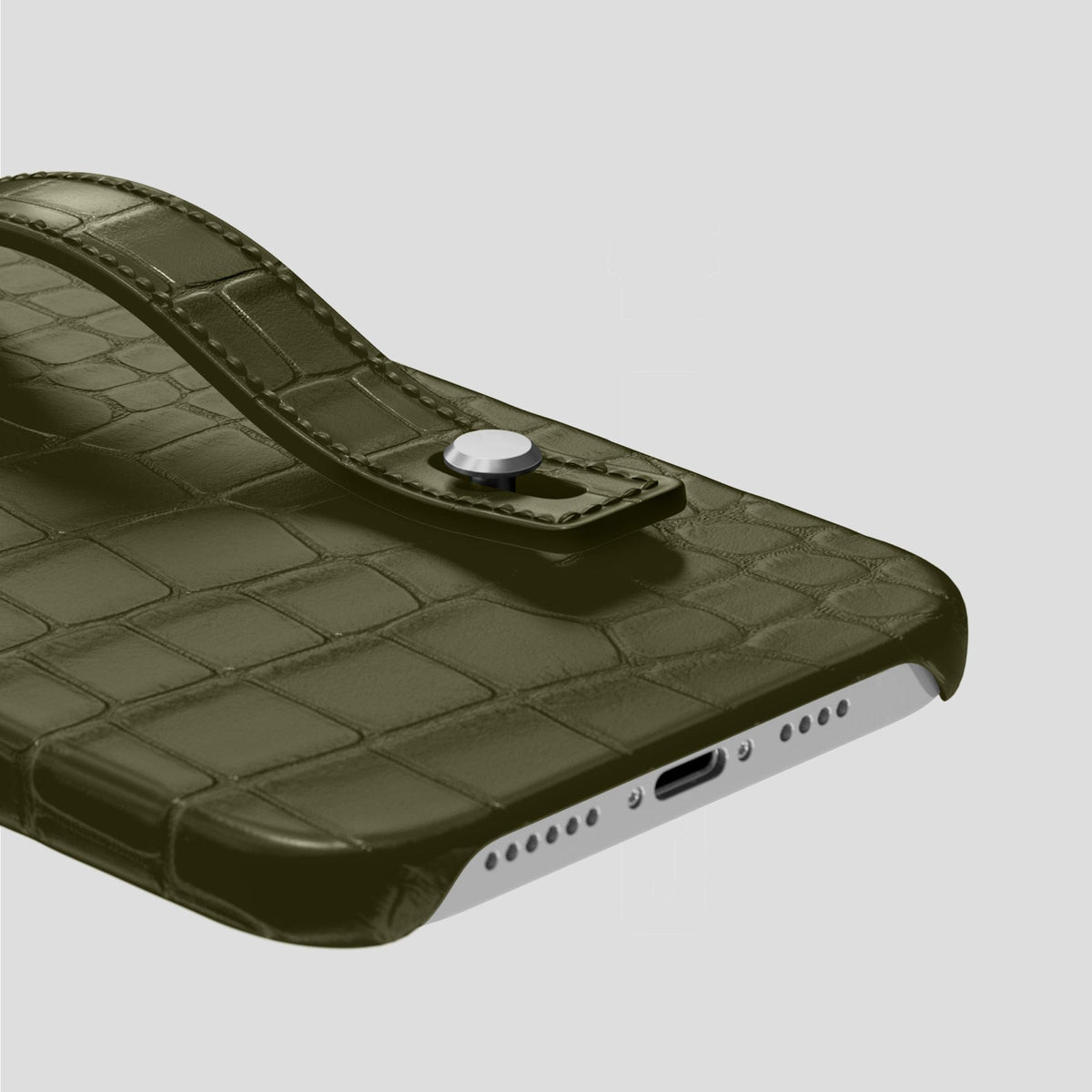 Kaki-Green iPhone 14 Pro Max Hand Strap Case Alligator with Steel Metal -5 | Kaki-Green-Steel