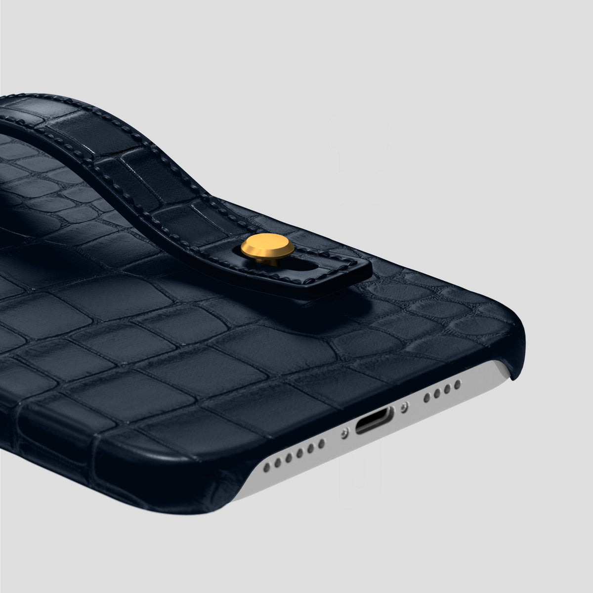 Navy Blue iPhone 14 Pro Max Hand Strap Case Alligator with Gold Metal -5 | Navy-Blue-Gold
